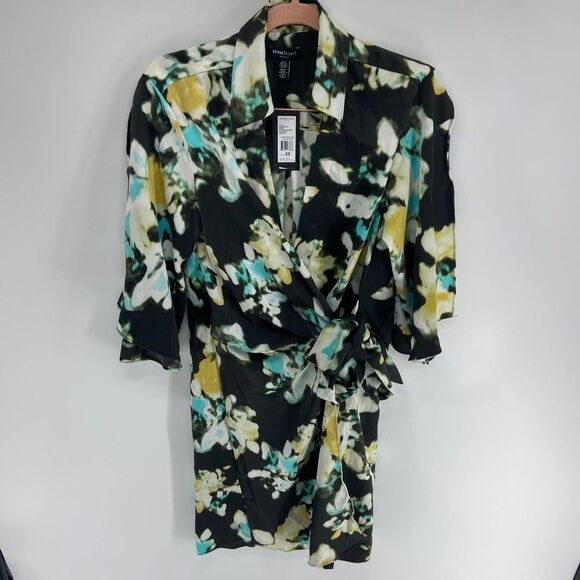 Kenneth Cole urban bouquet green watercolor collared wrap dress NWT Womens XS - Picture 7 of 10